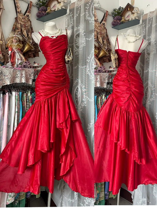 Vintage Prom Dresses 80s Mermaid Spaghetti Straps Red Satin With Ruffles Floor Length Formal Outfits RB4363
