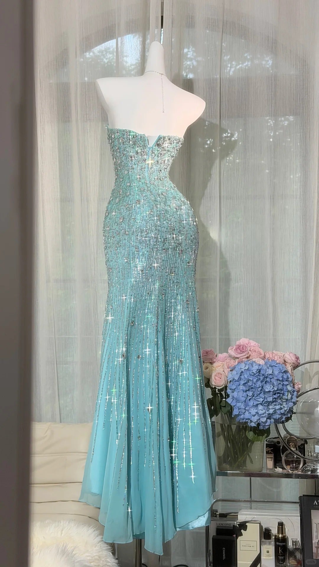 Klassische Meerjungfrau Sweetheart Blau Chiffon Mit Silberperlen Bodenlang Abschlussballkleider Inspo Formelle Outfits RB4508
