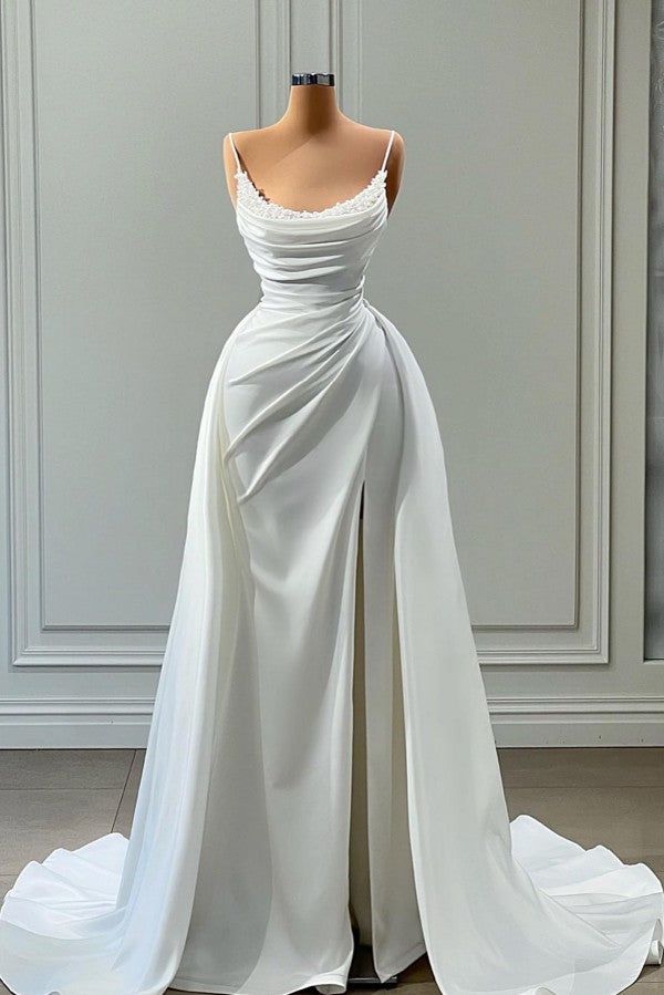 Meerjungfrauen-Abendkleid mit Spaghettiträgern, bodenlang, ärmellos, hohem Beinschlitz und seitlicher Schleppe AB984