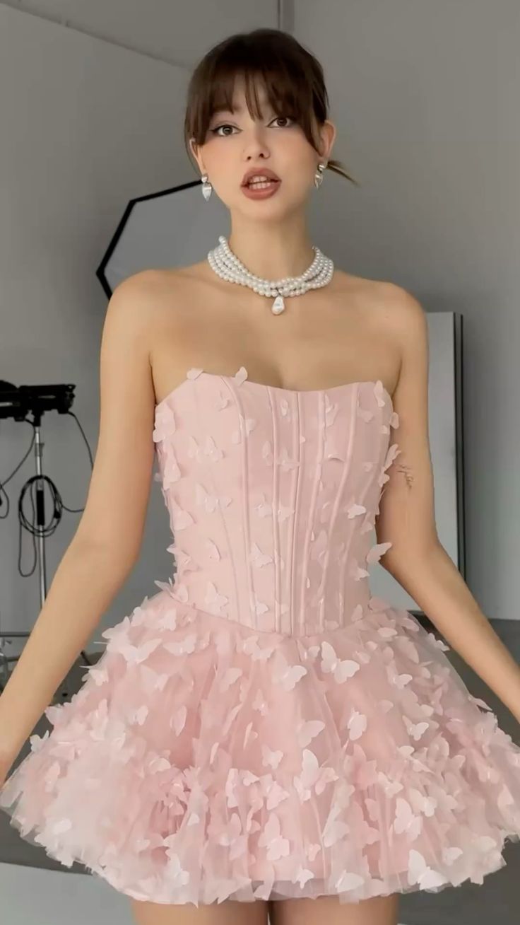 Robe de bal courte mini rose sans manches à fleurs en forme de cœur pour un 16e anniversaire - Tenue de bal de promo N1909