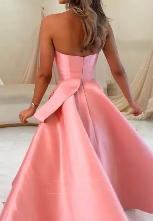 Ball Gown Strapless Straight Across Pleated Satin Prom Dress Pink Evening Dresses Sweet 15 16 Gown AB1758