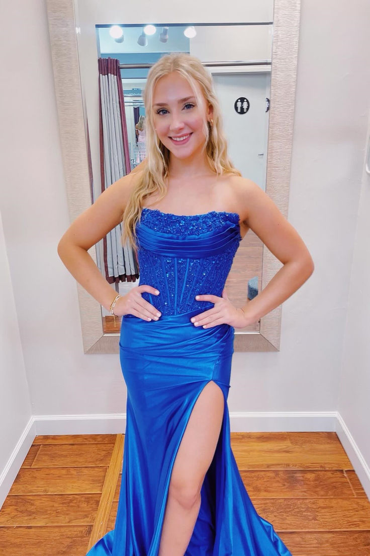 Robe de bal longue bustier bleu roi à appliques et fente pour femme AB1558