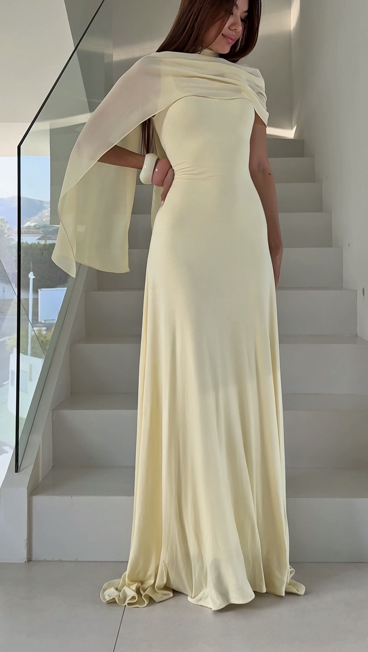 Robe de cocktail femme années 90, fourreau, col carré, mousseline jaune avec cape, longue, tenue de soirée de remise de diplômes, robe de bal AB1869