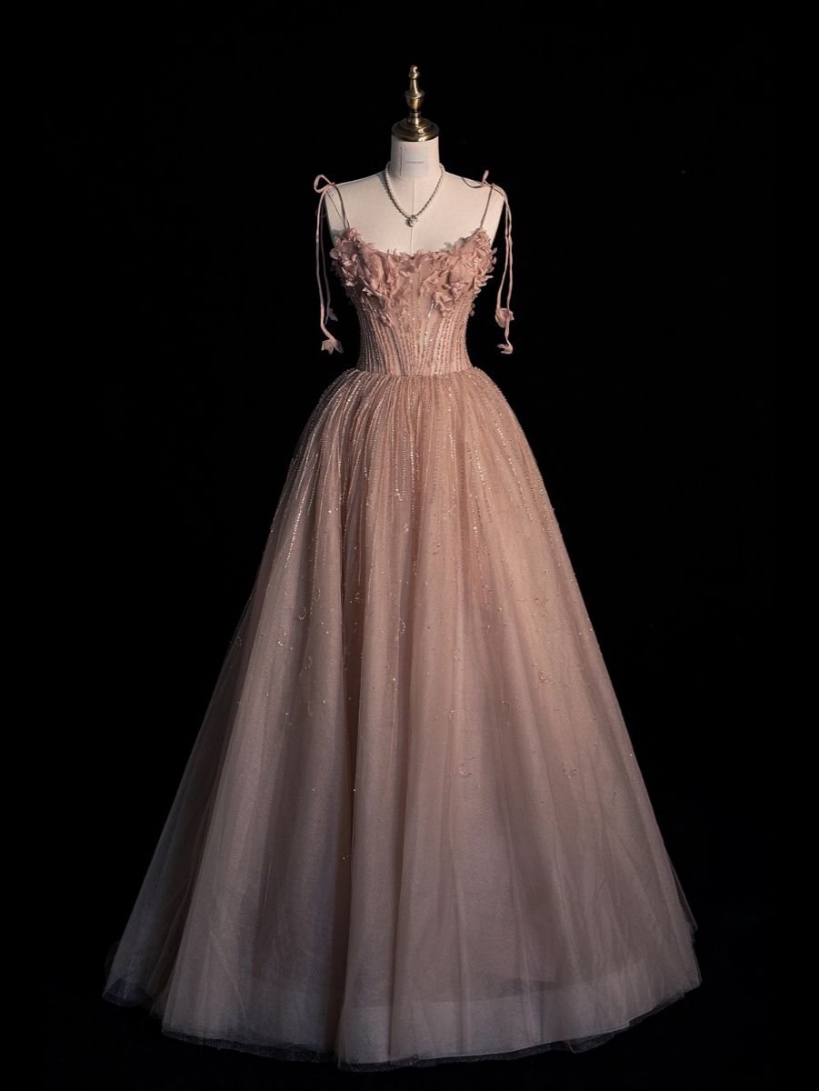 Robe de bal modeste à bretelles spaghetti en tulle rose ornée de fleurs, longue robe de soirée pour la remise des diplômes, tenue N433