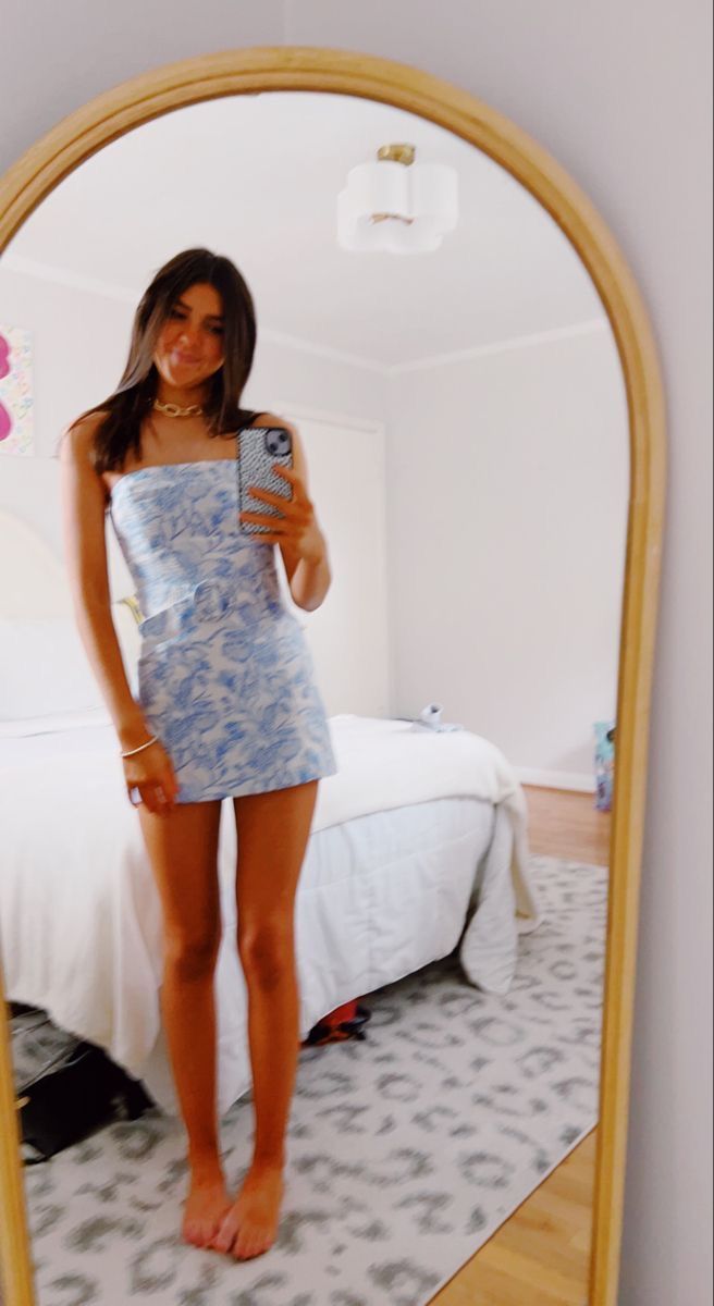Mignonne Robe Courte de Soirée sans Bretelles en Satin Bleu Ciel Clair à Motifs Floraux, Idées de Robes de Rentrée Hoco RB4115