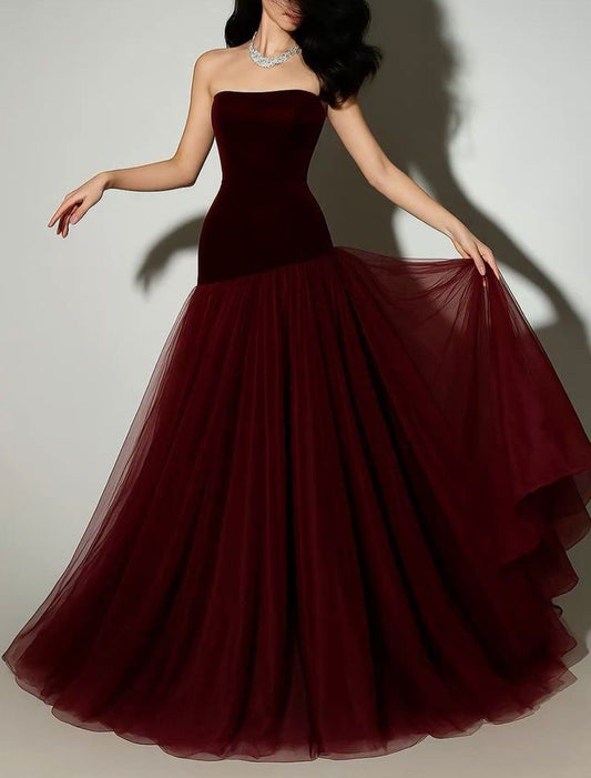 Vintage Meerjungfrau Trägerloses Burgunder Tüll Lange Ballkleider Für Teenager Formelle Kleidung 20. Geburtstag Outfits Abendkleid RB1628