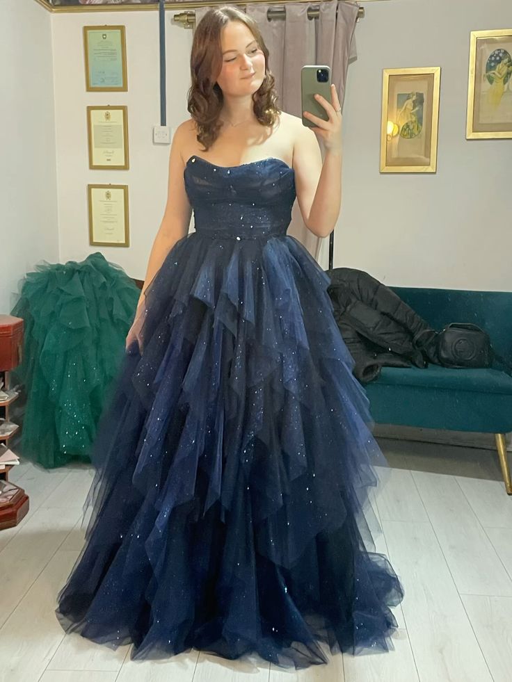 Robe de bal bustier bleu marine, robe de soirée longue en tulle bleu marine AB732
