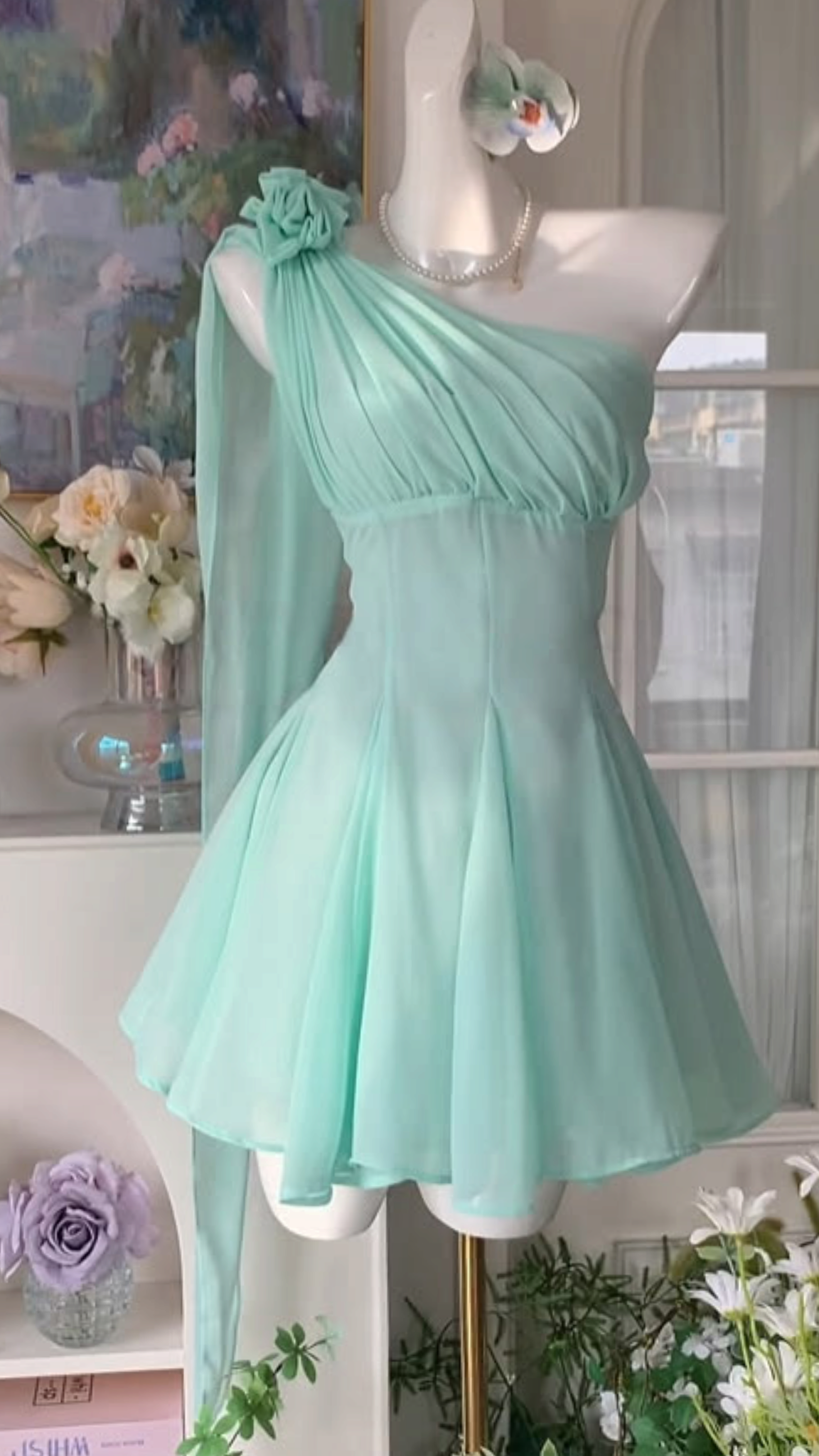 Sexy Hoco Dress A line One Shoulder Mint Green Chiffon Short Homecoming 17th Birthday Party Dress RC1236