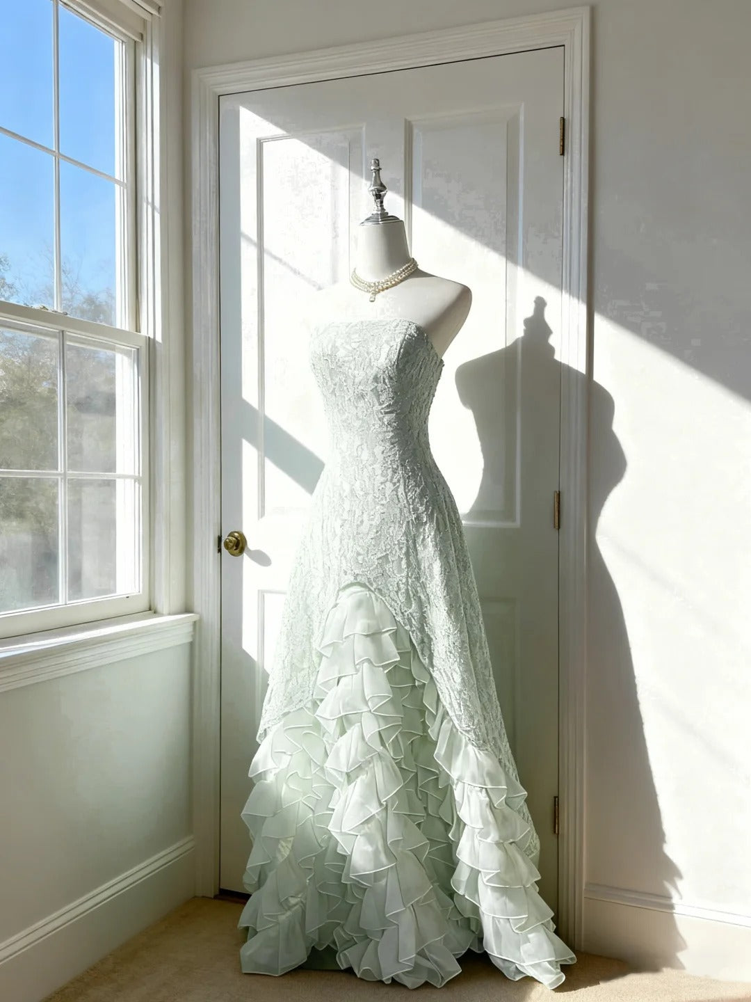 Classic Ball Gown Strapless Mint Green Lace With Ruffled Floor Length Prom Dresses Inspo Formal Outfits RB4502