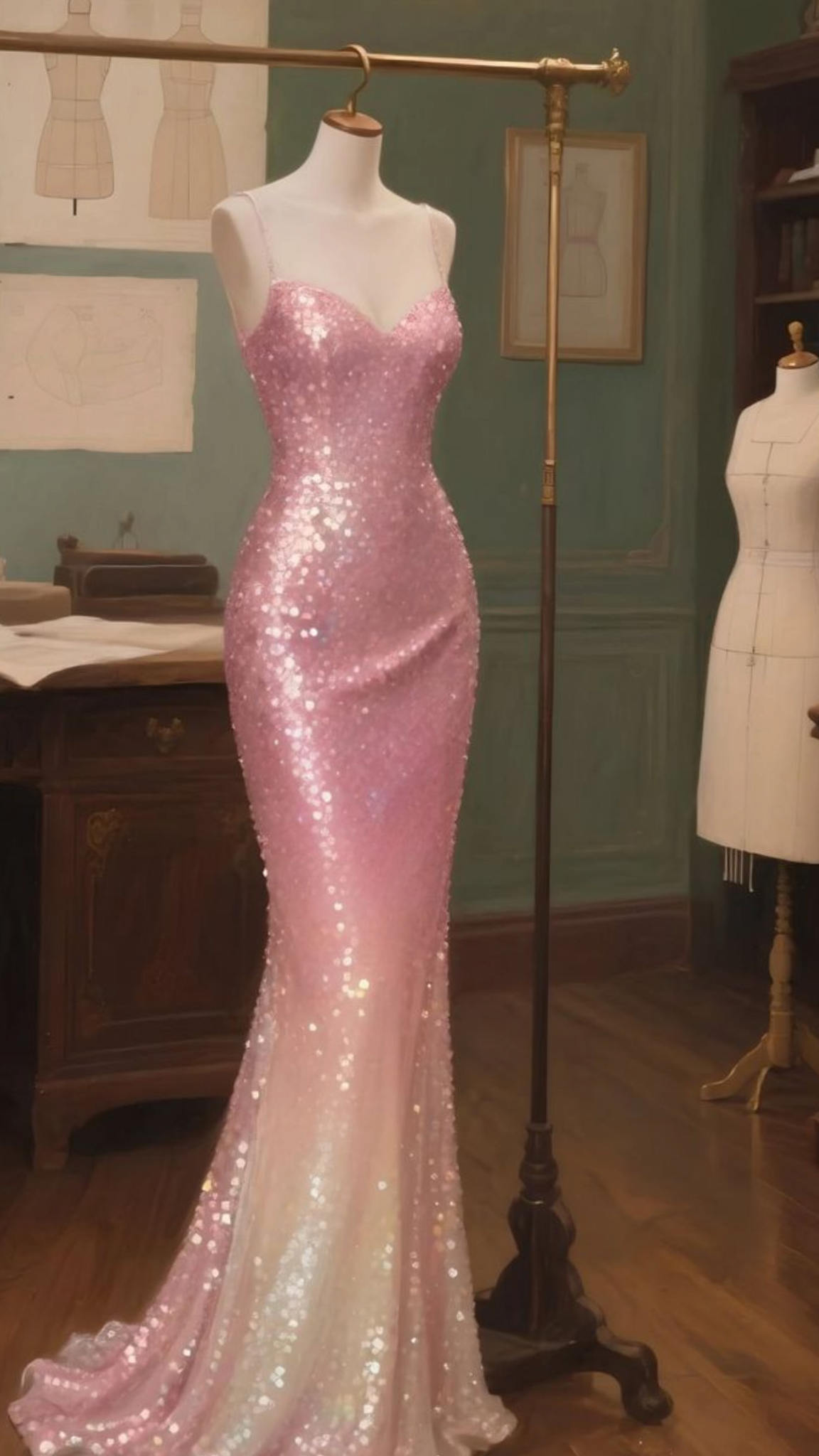Gorgeous Evening outfit Mermaid Spaghetti Straps Sequin Pink Prom Dresses Long Formal Dress RC1407