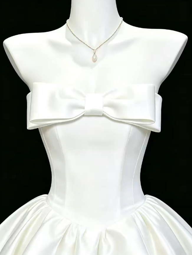 Simple Ball Gown Strapless White Satin Mini University Ideas Homecoming Dresses Inspo Short Hoco Court Gowns RB7204