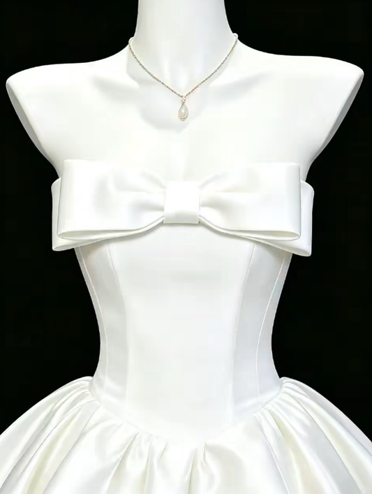 Simple Ball Gown Strapless White Satin Mini University Ideas Homecoming Dresses Inspo Short Hoco Court Gowns RB7204