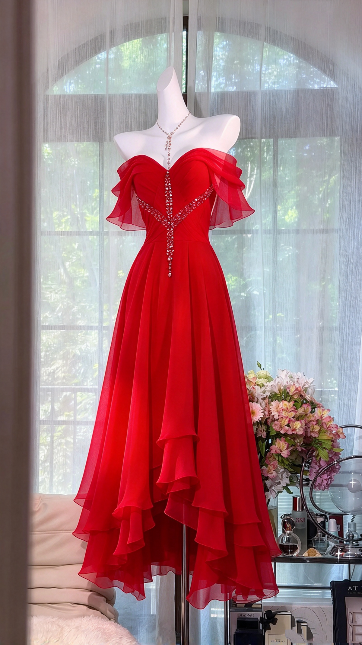 Prom Dresses Inspiration A Line Off Shoulder Red With Silver Beading Long Formal Party Gown 8th Grade Dress RC1280