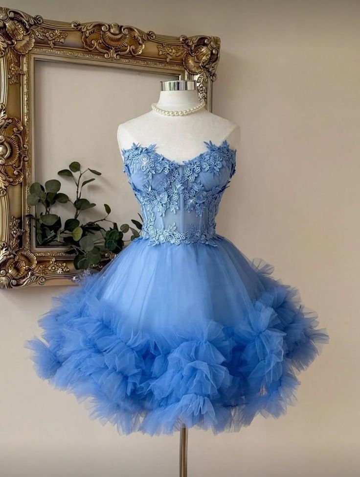 Elegantes Ballkleid mit Herzausschnitt, kurzes blaues Tüllkleid, Kleid zum 16. Geburtstag, Homecoming-Kleid, Cocktailkleid AB2045