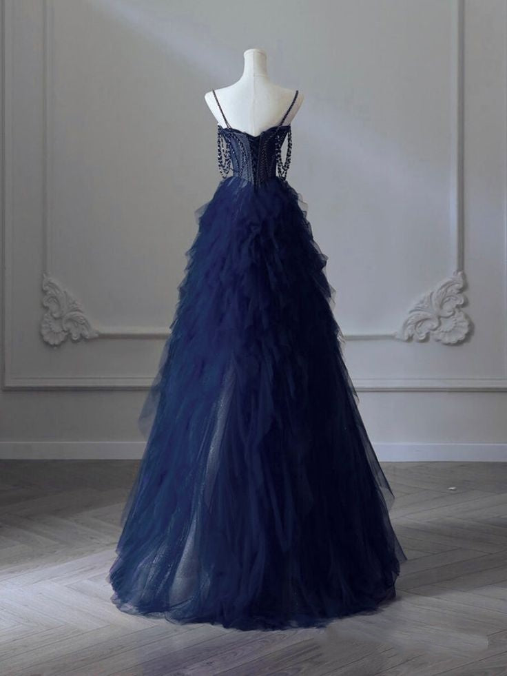 Robe de bal longue bleu foncé en tulle, coupe trapèze, décolleté cœur ; robe de remise de diplôme longue bleu foncé ornée de perles AB691