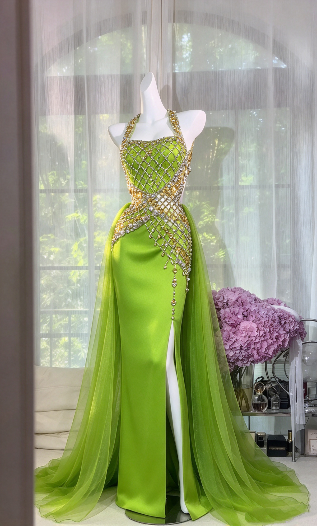 Modest Prom Dresses Mermaid Halter Green Satin Tulle Long With Beading Formal Dress RC1283