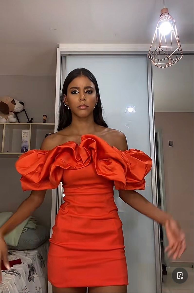 Modest Sheath Off The Shoulder Orange Satin With Fold Senior 12th Grad Short Mini Aesthetic Homecoming Dresses RB4395