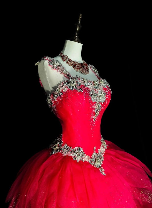 Vintage Ballkleid mit eckigem Ausschnitt, pinkfarbenem Tüll und mehreren Lagen, gestuftes Kleid für Sweet 16, Quinceañera, langes Kleid, Vestidos De Fiesta N1436