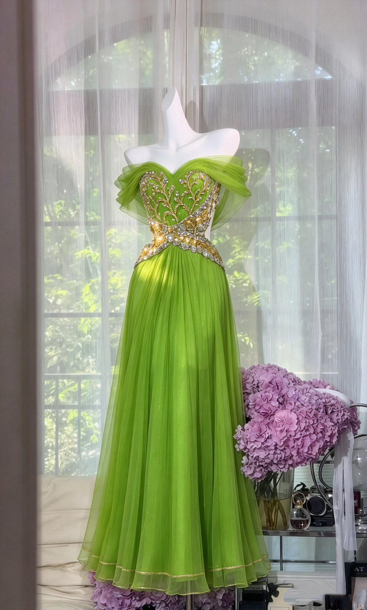 Prom Dresses Inspiration A Line Off Shoulder Green Tulle With Beading Long Formal Party Gown 8th Grade Dress RC1284