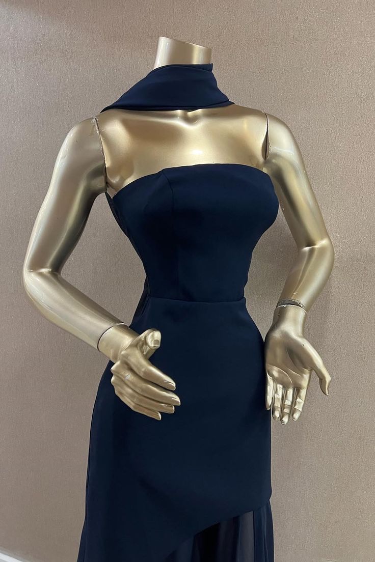 Elegantes, trägerloses Meerjungfrauenkleid in Marineblau mit Schal – langes, formelles Winterkleid für Abschlussball, Abendveranstaltung und Dinnerpartys für Damen (AB2024)
