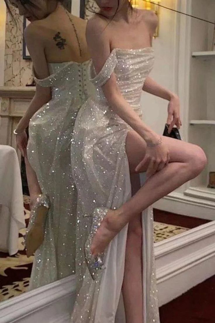 Shiny Off The Shoulder Prom Dresses, Long Evening Formal Gown With High Slit Party Gowns N341