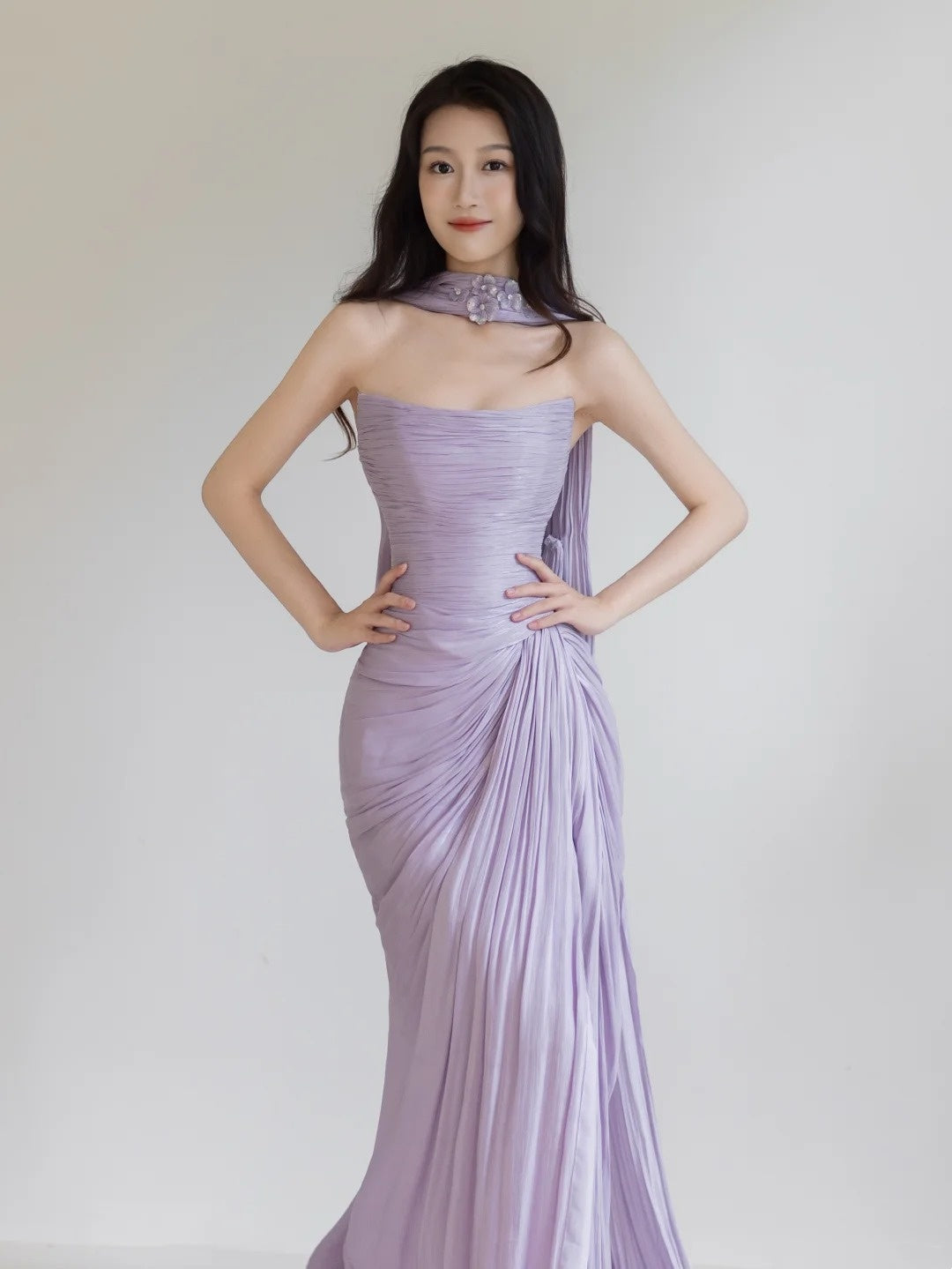 Robe de soirée longue sirène lilas fendue, sans bretelles, N277