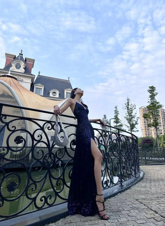 Modest Mermaid V Neckline Marine Ball Dresses Long Formal Gowns Navy Blue Sequin Slit Prom Dresses Evening Gowns AB802