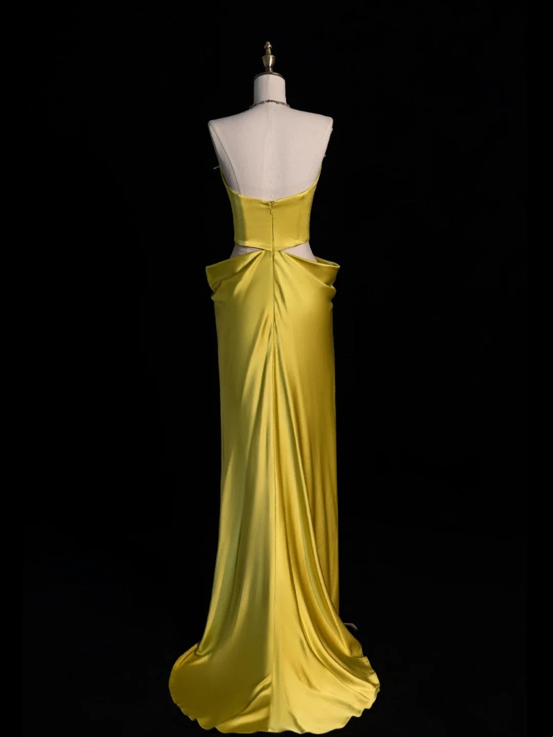 Robe de bal longue sirène sans bretelles en satin jaune, style années 80, pour lycéennes (N1339)