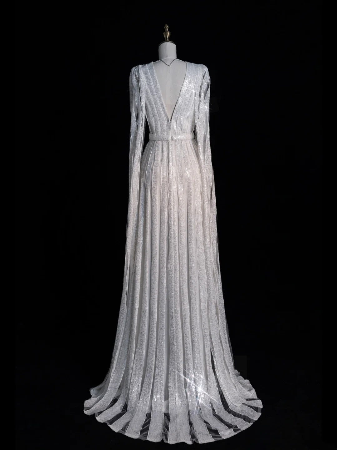 Modest A Line V Neck White Sequin With Long Sleeves Cape Prom Dresses Evening Party Formal Gown 17th Birthday Outfits AB811