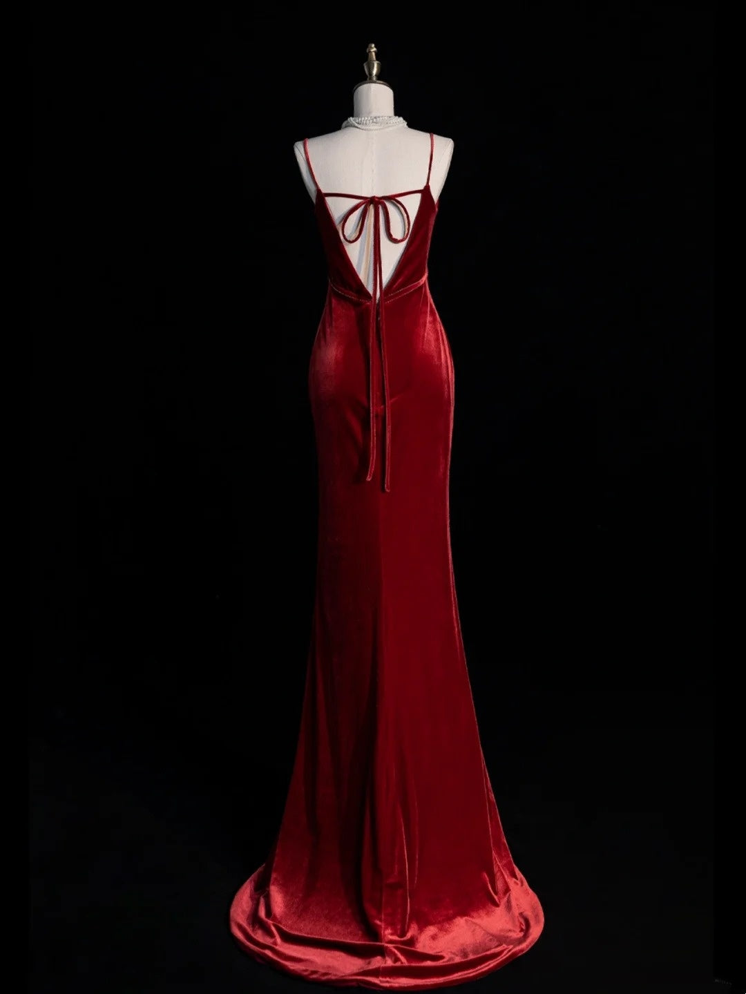 Elegantes, ärmelloses, langes Meerjungfrauen-Abendkleid aus burgunderrotem Samt mit Spaghettiträgern für Damen und Mädchen (Modell N679)