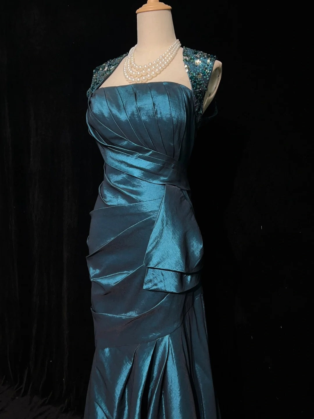 Belles robes de bal sirène col carré sarcelle dos nu avec bustier volanté longues tenues de soirée N3363