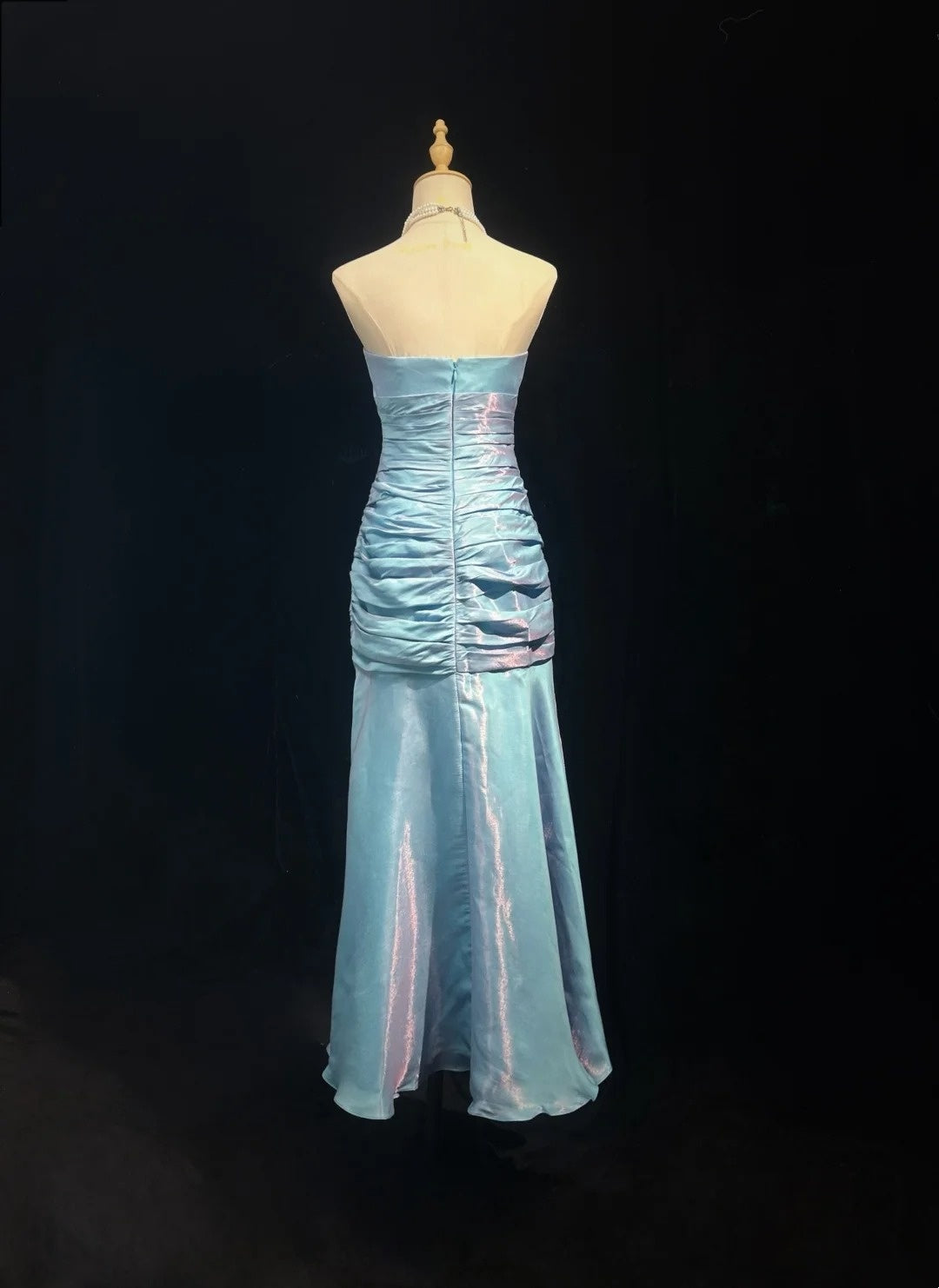 Vintage Meerjungfrau-Abschlussballkleid Trägerlos Hellblau Mittellang 1990er Abendkleid N2651