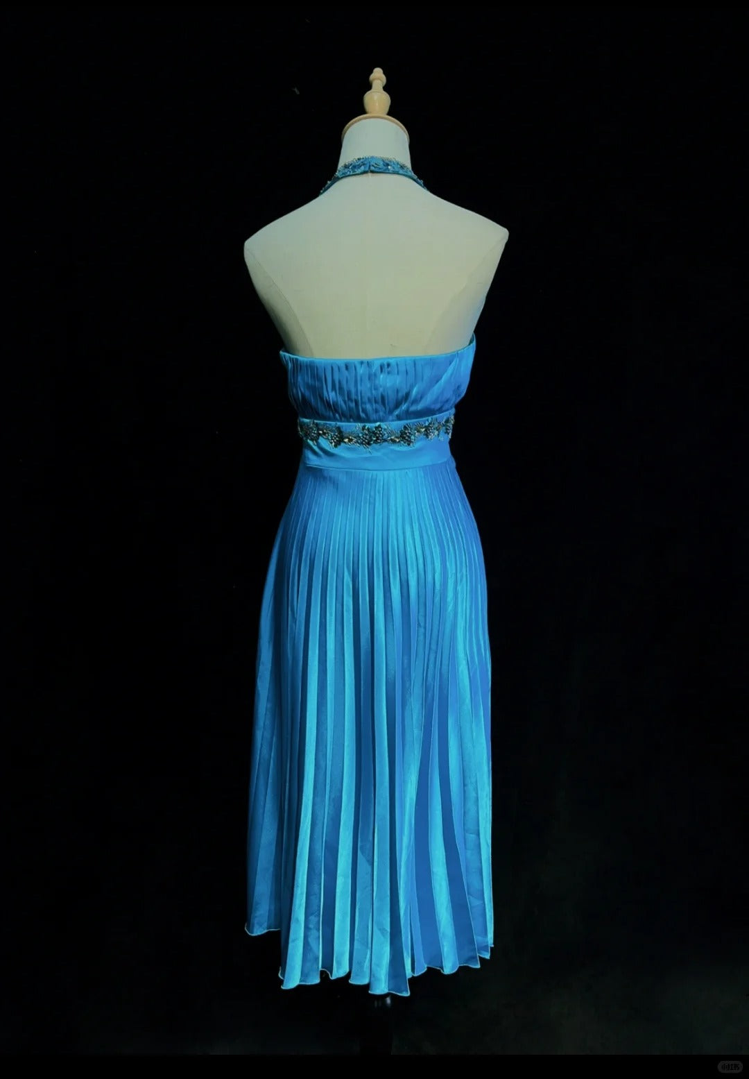 Robes de bal vintage en satin bleu avec perles, coupe trapèze, dos nu, mi-longues, style années 80, robe de soirée N2581