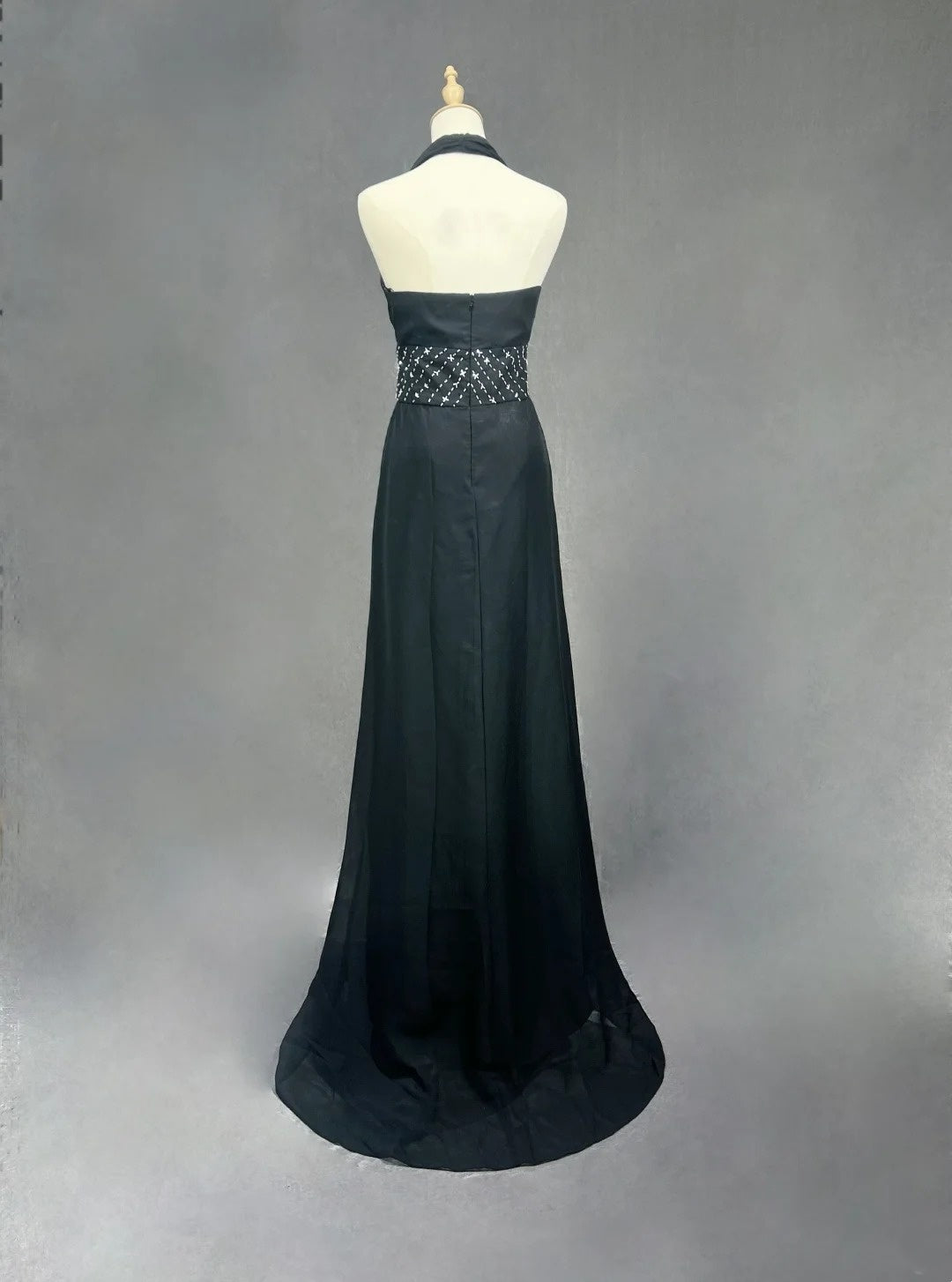 Vintage Prom Dresses A line Halter Black Chiffon With Beading 1970s Long Formal Gown N2619