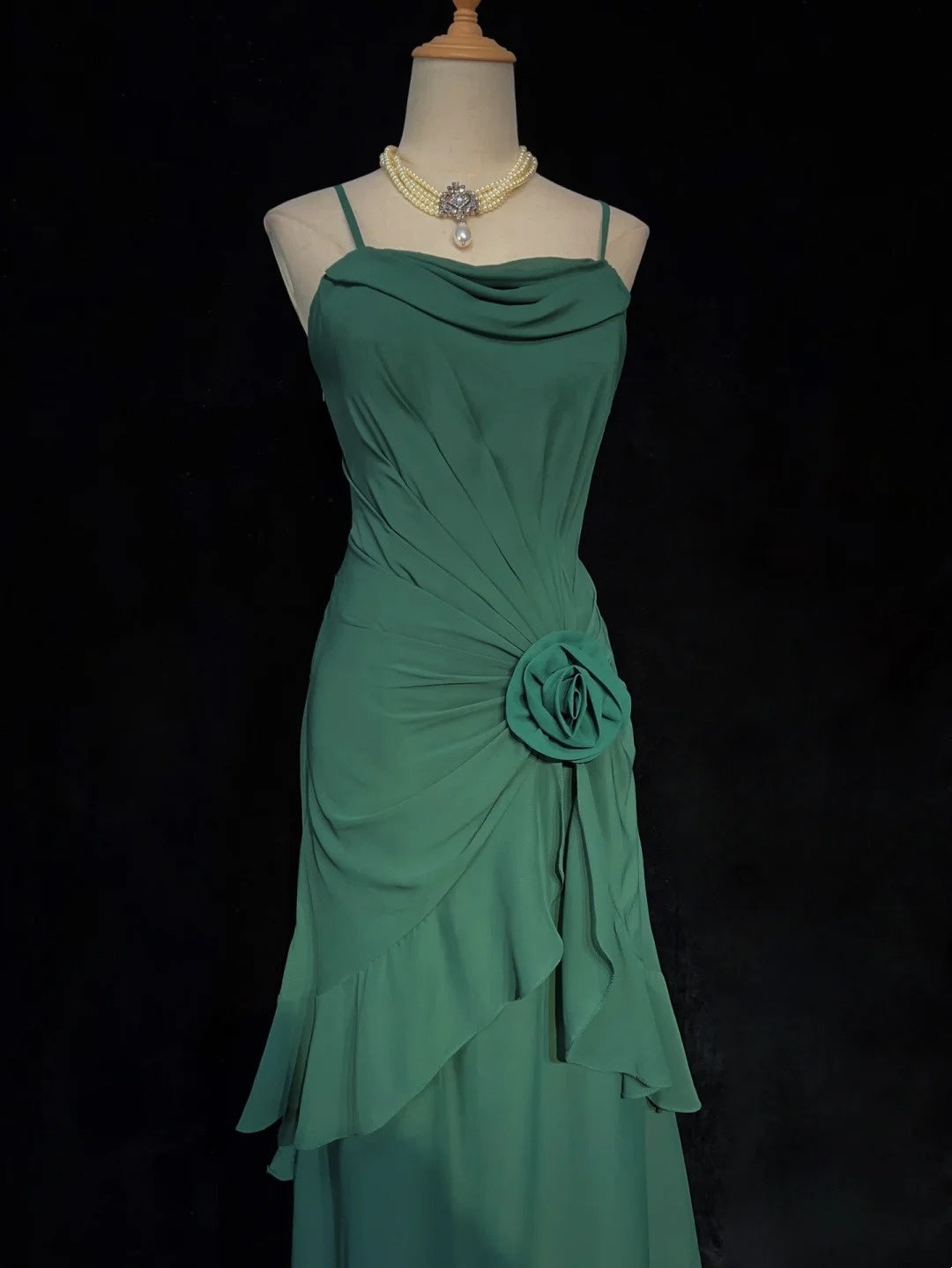 Einfache Ballkleider A-Linie Grün Chiffon Teelänge Mittellanges Semi-Formelles Abendkleid N3680