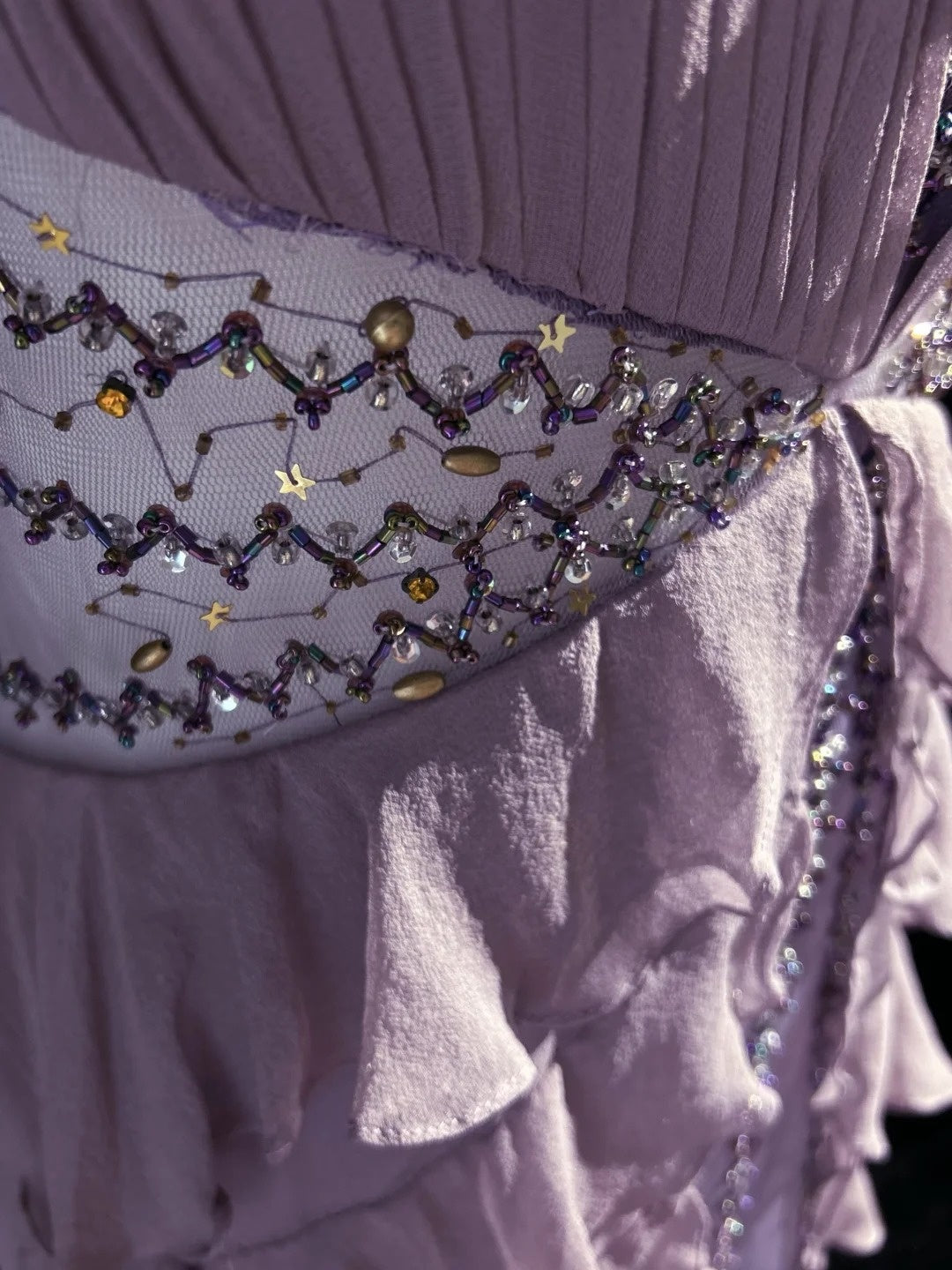 Robes de bal vintage en mousseline lilas ligne A avec col licou, volants et perles, longue robe de soirée N2465