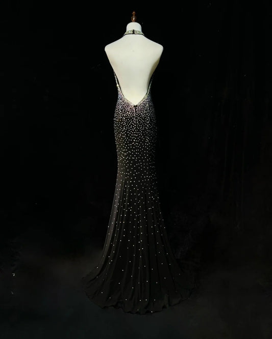 Vintage Meerjungfrau 2000er Schwarz Neckholder Ballkleid Lang Rückfrei Abschlussballkleider N2572