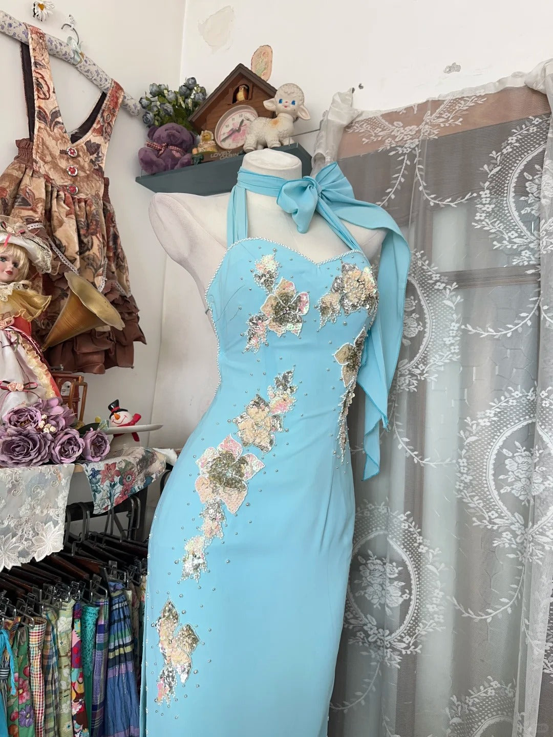 Vintage-Ballkleider Ästhetik 1960er Retro Meerjungfrau Neckholder Hellblau Rückenfrei Langes Abendkleid N2255