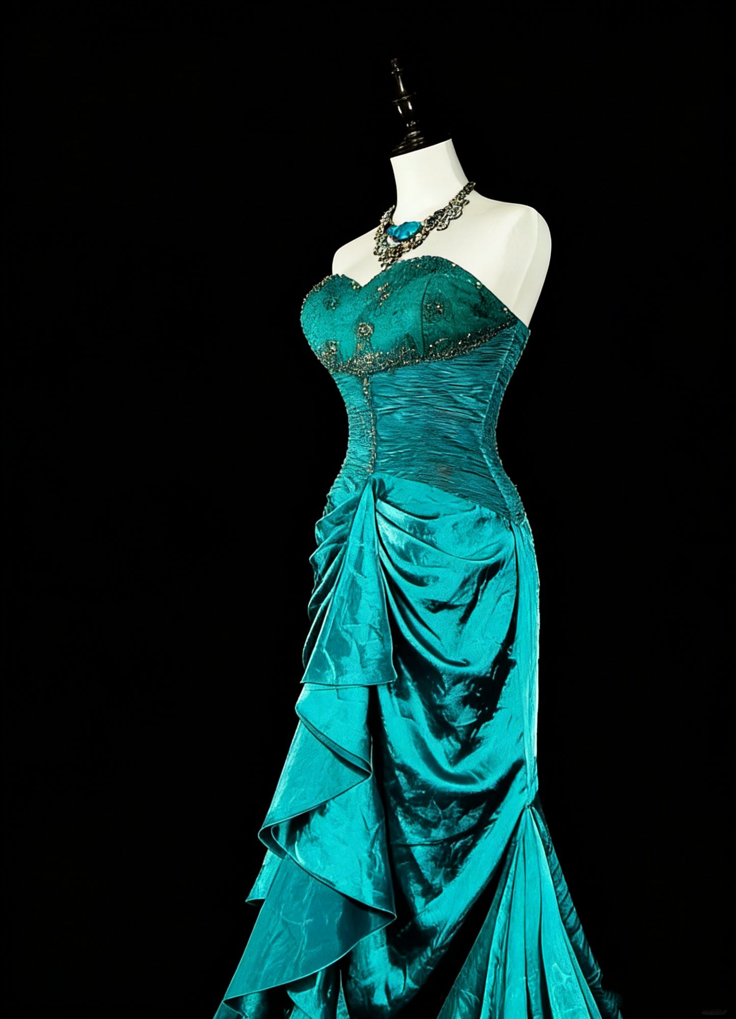 Robe de soirée sirène longue en satin vert style rétro années 60 N2149