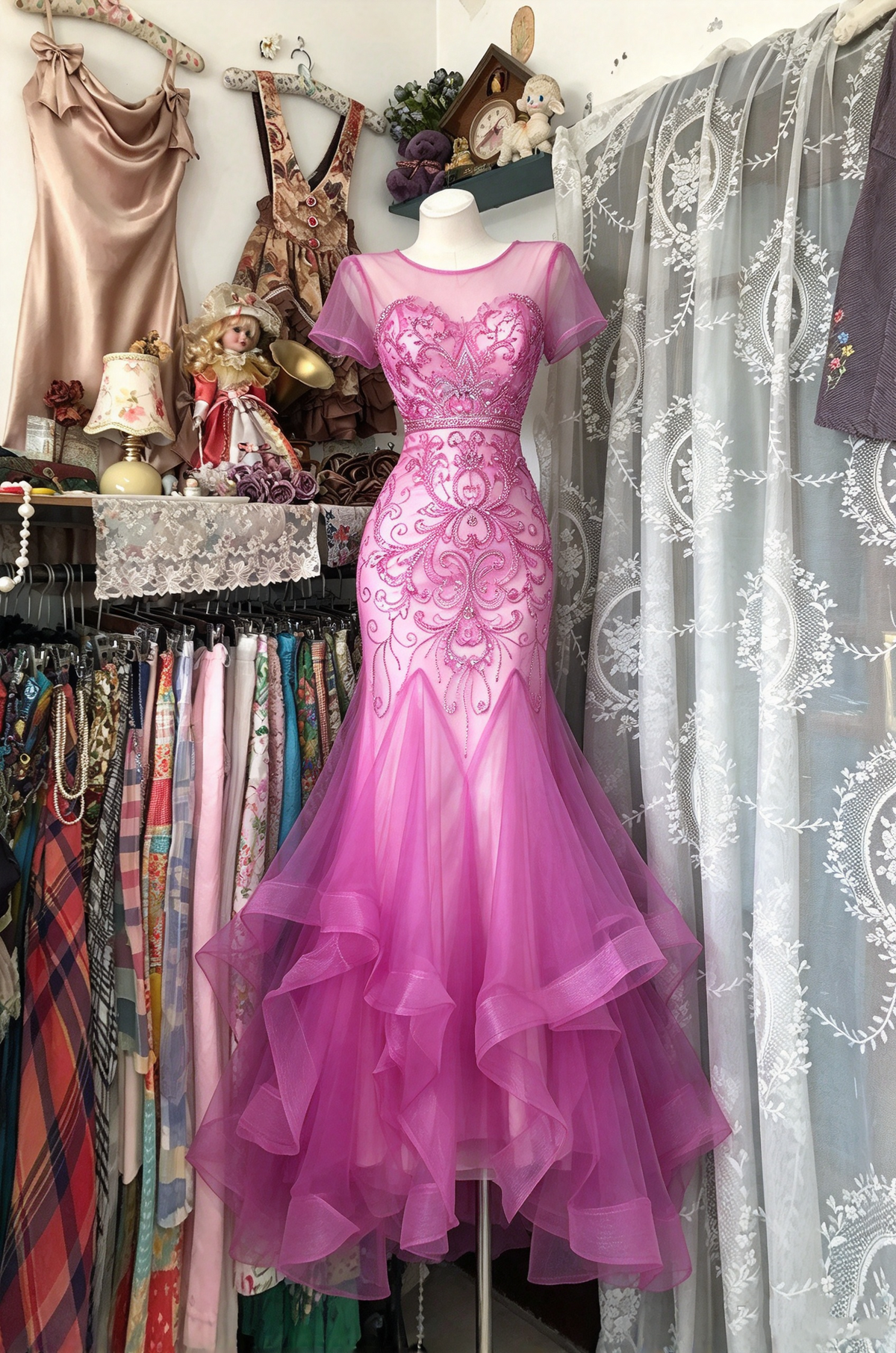 Prom Dresses Inspiration Mermaid Scoop Pink Tulle Beading Long Formal Party Gown 8th Grade Dress RC1235