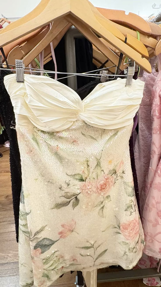 Glitter A Line Spaghetti Straps Champagne Floral Spring dress Sequin Short Homecoming 21th 16th Birthday Cocktail Ideas Outfits RB8306