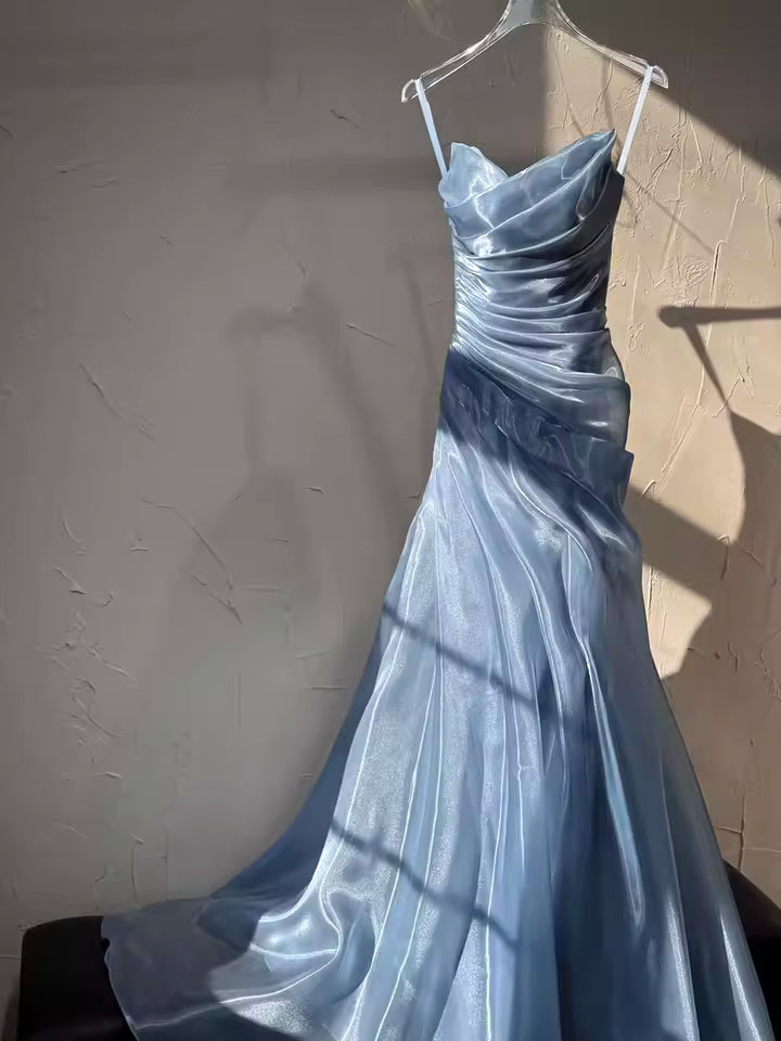 Light Blue Strapless Pleated Prom Dresses Evening Formal Gown Semi Formal Grad Long Prom Dress For Teens AB1993