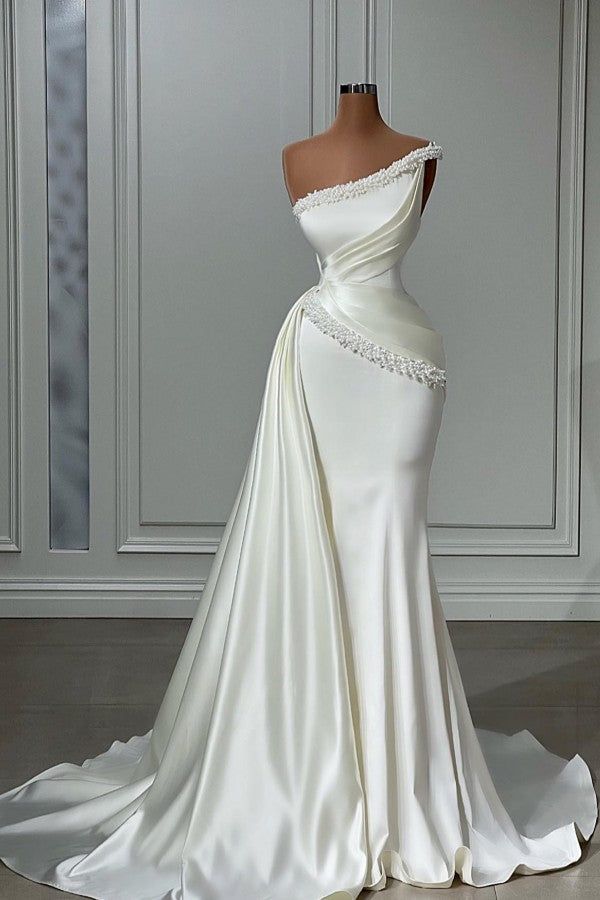 Meerjungfrauen-Abendkleid AB965: asymmetrisch, ärmellos, bodenlang, perlenbesetzt, mit seitlicher Schleppe und One-Shoulder-Ausschnitt, AB965