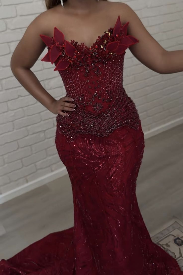 Elegantes, trägerloses Meerjungfrauenkleid in Burgunderrot mit Perlenstickerei, langes, formelles Abendkleid für Ball, Dinner und Party AB2081