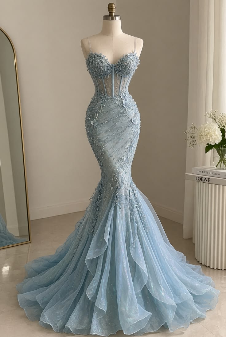 Gorgeous Evening outfit Mermaid Spaghetti Straps Blue Lace Prom Dresses Long Formal Dress RC1418