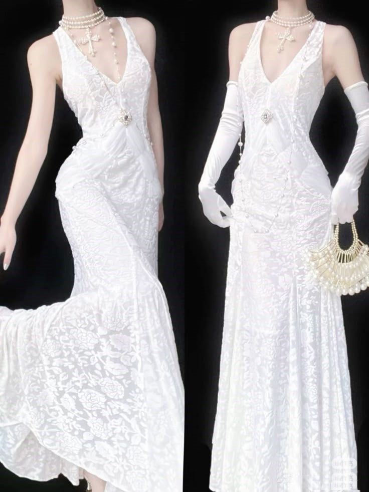 Elegantes, ärmelloses, langes Meerjungfrauen-Brautkleid mit V-Ausschnitt, Handschuhen und weißer Spitze, Modell AB1500