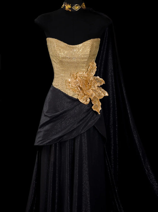 Vintage A-Linie Sweetheart Schwarz mit Gold Pailletten Langes Ballkleid Partykleid Geburtstagsoutfit Abschlusskleid N2839