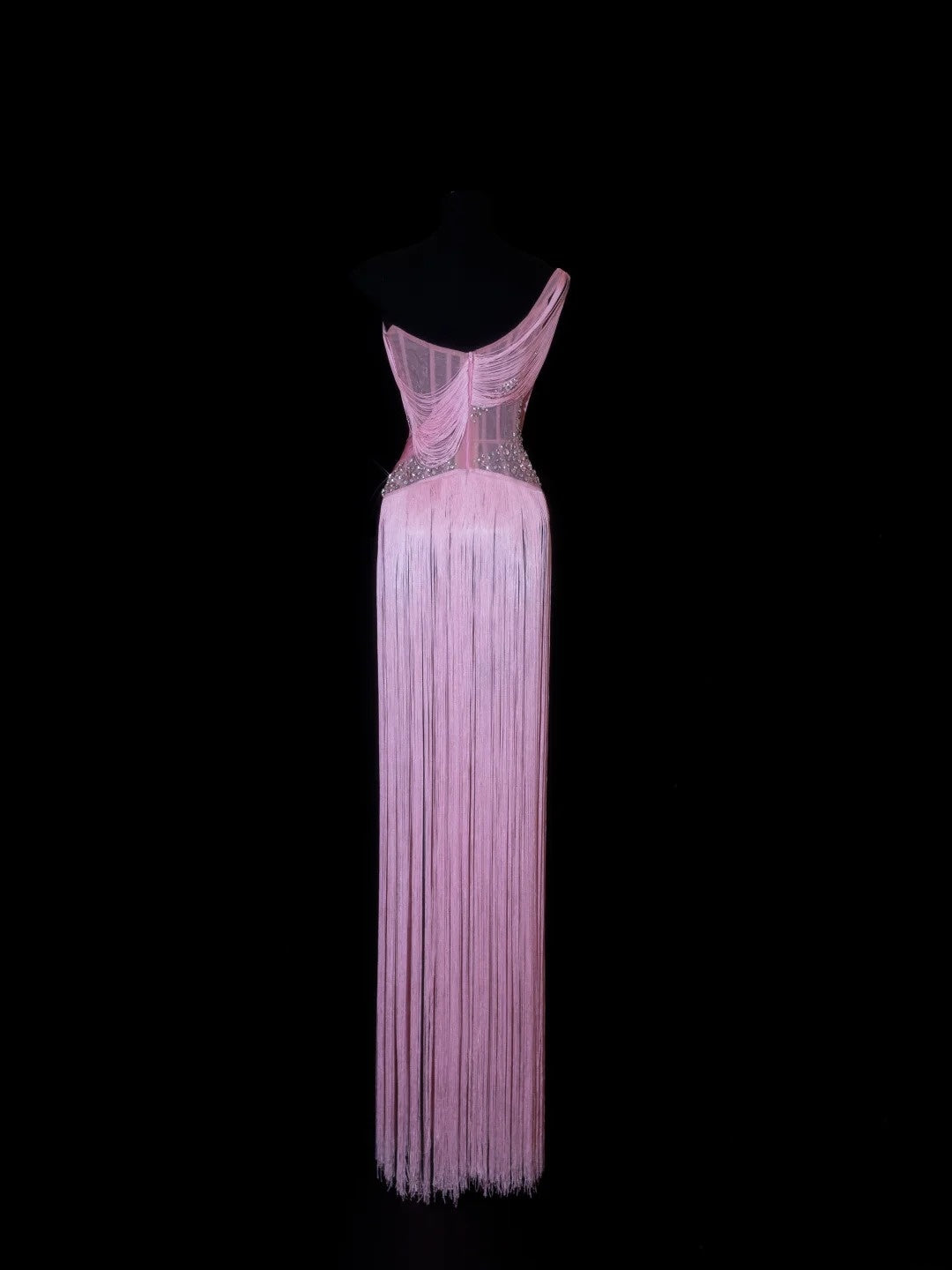 Robes de Bal Élégantes Fourreau Asymétrique Rose Avec Gland sans Manches Tenues de Soirée Formelles N3788