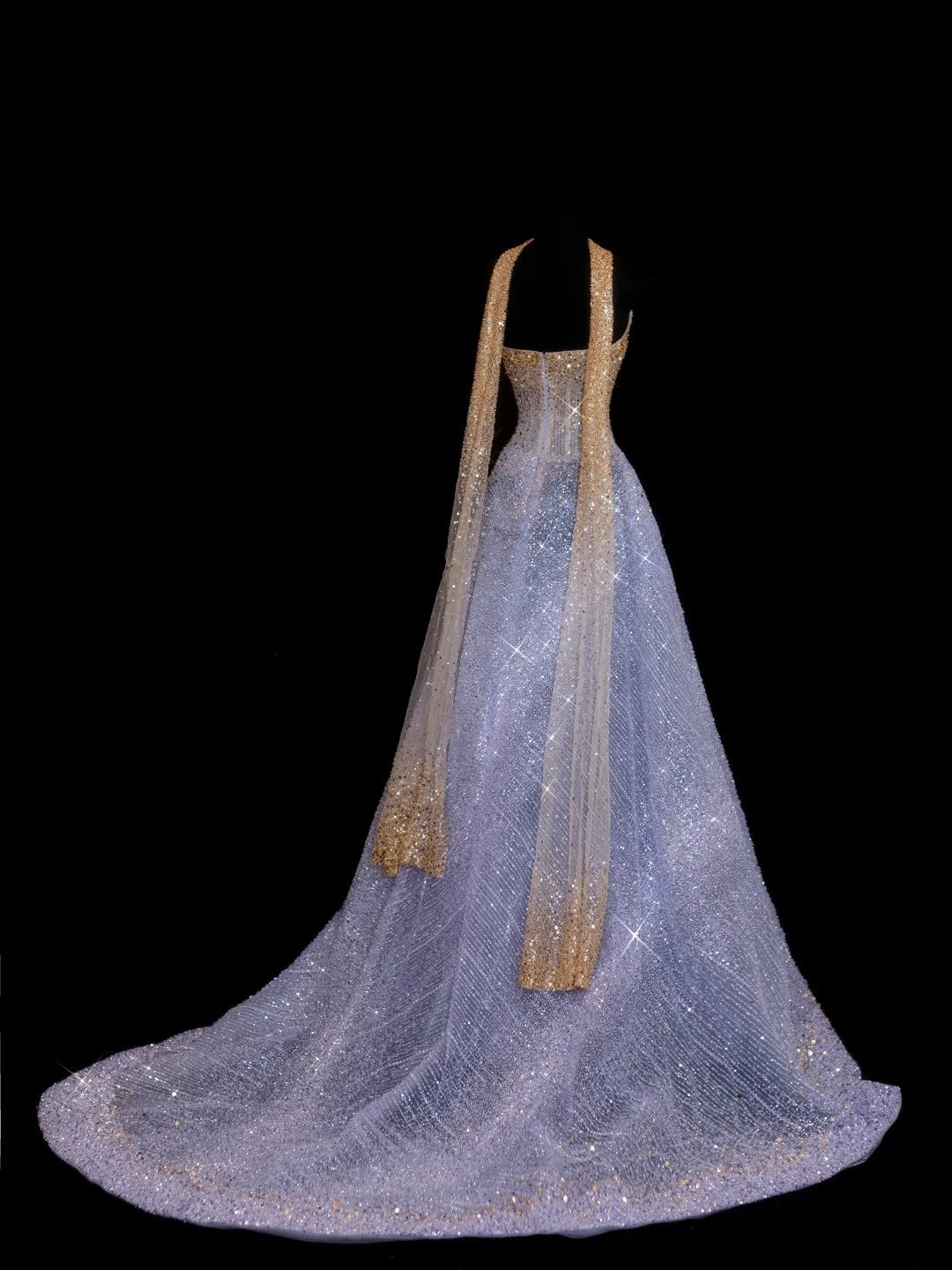 Robe de bal longue N143, bustier lilas scintillant, foulard orné de perles dorées, inspiration robe de soirée formelle