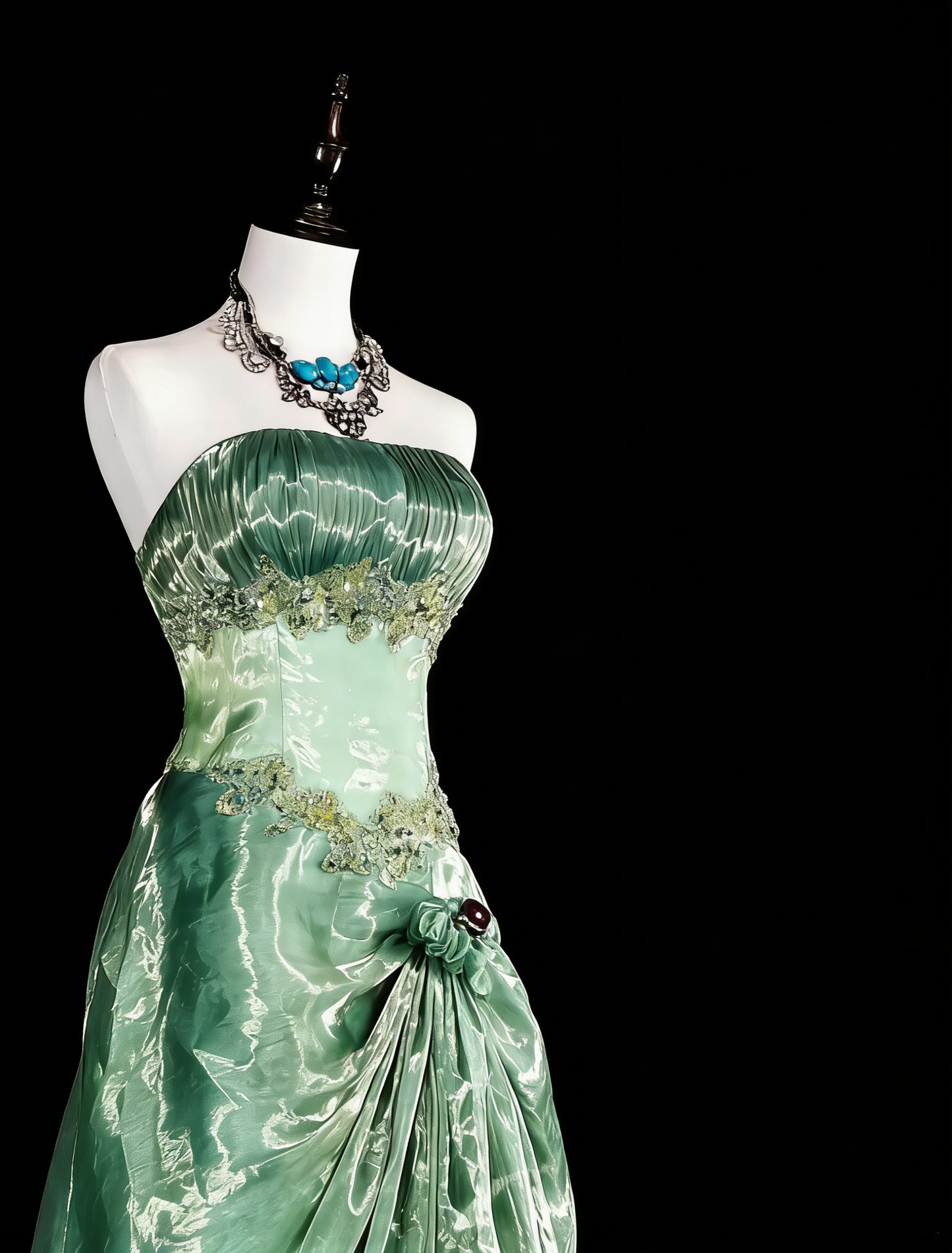 Robes de bal de promo vintage bustier vert avec dentelle dorée et volants, robe de soirée longue années 1980 N2715